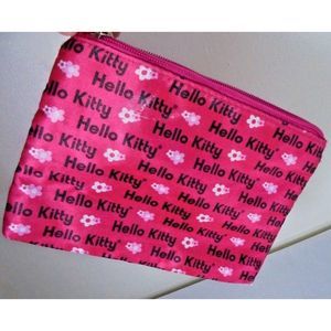 Hello Kitty Sanrio Small Makeup Bag Clutch Pink Logo Flowers Zipper